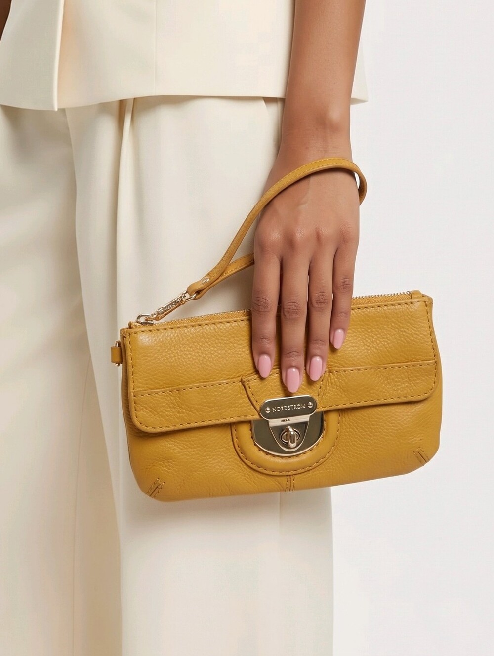 Calvin Klein ✦ Tan Leather Wristlet Clutch ✦ Turnlock + Zip Closure Gold Hardwar
